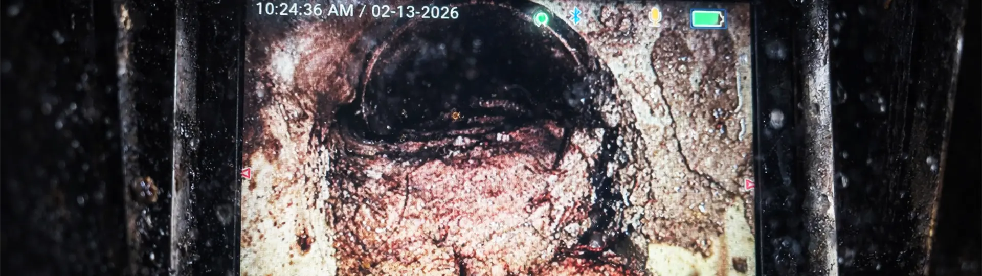 EVERYDAYPLUMBER.com drain camera inspection screen showing severely corroded blocked pipe — video inspection before hydro jetting Tampa Bay