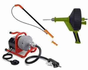 Drain Cleaning Tools - Green Hand Held Auger. a Toilet Auger, and a Drain Cleaning Machine