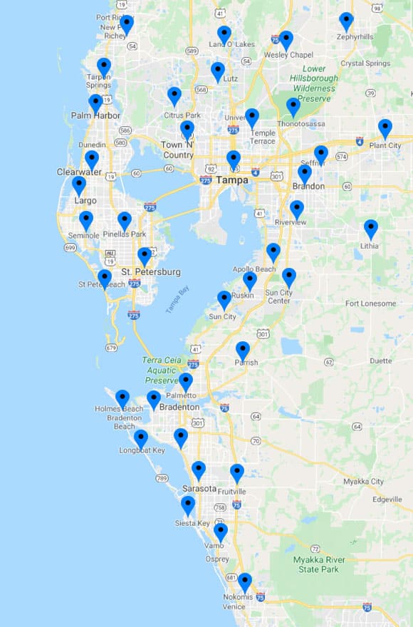 Map with Pins showing EVERYDAYPLUMBER.com Service Areas 