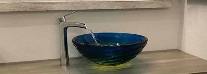 Blue Glass  Vessel Sink and waterfall style bathroom faucet