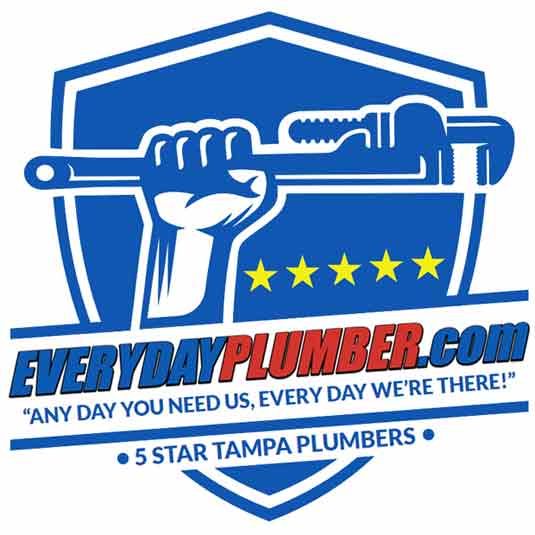 Emergency Tampa Plumbers 5 Star Residential Tampa Plumbers Logo for EVERYDAYPLUMBER.com with 5 gold stars and a raised hand with a pipe wrench in it