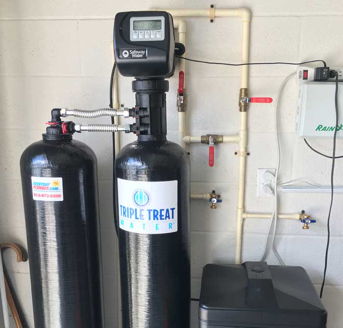 Triple treat dual tank water filtration system with a brine tank installed by EVERYDAYPLUMBER.com