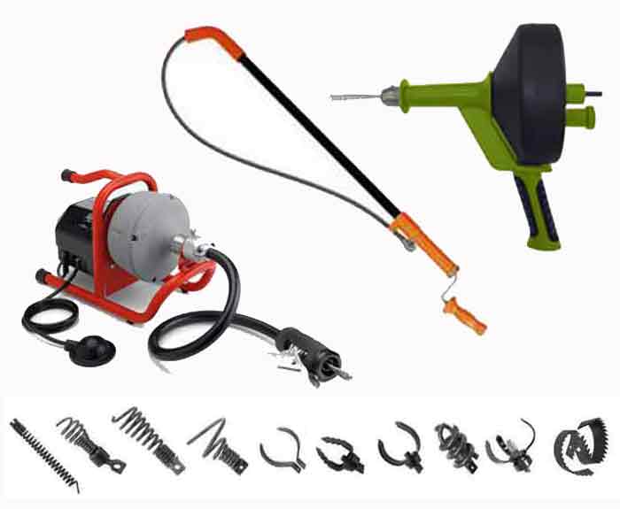 Several Drain Cleaning Tools - Drain Cleaning Machine with attachments, Toilet Auger, and a hand held drain cleaning machine.