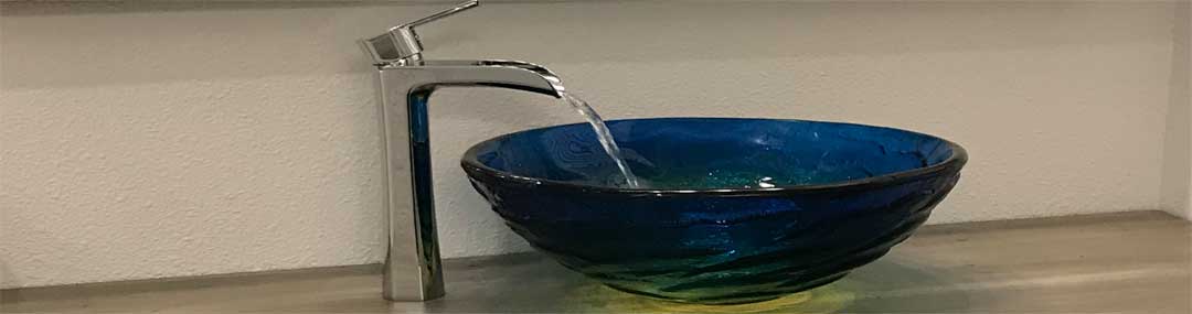 Blue Glass Vessel Sink and Stainless Waterfall Faucet
