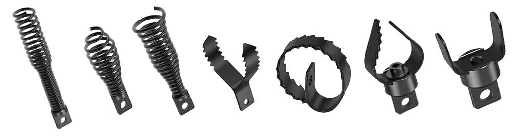 Various drain cleaning attachment for clearing specific types of drain clogs.