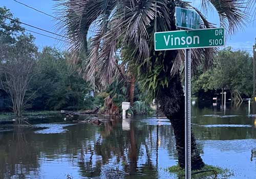 Flooding and storm damage from Hurricane Milton at the corner of Vison Dr. and Walton Way in Tampa, FL