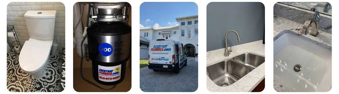 Toilet, Garbage Disposal, Plumbing Van, Kitchen Sink, and Bathroom sing plumbing collage