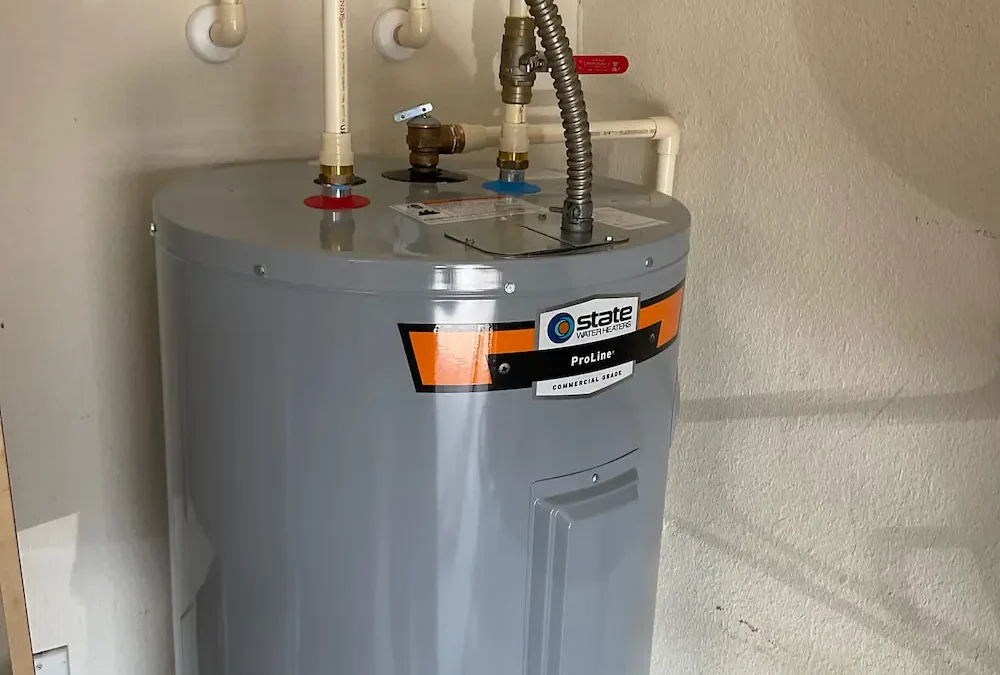 Newly installed water heater with modern plumbing connections, illustrating proper maintenance for longer lifespan.