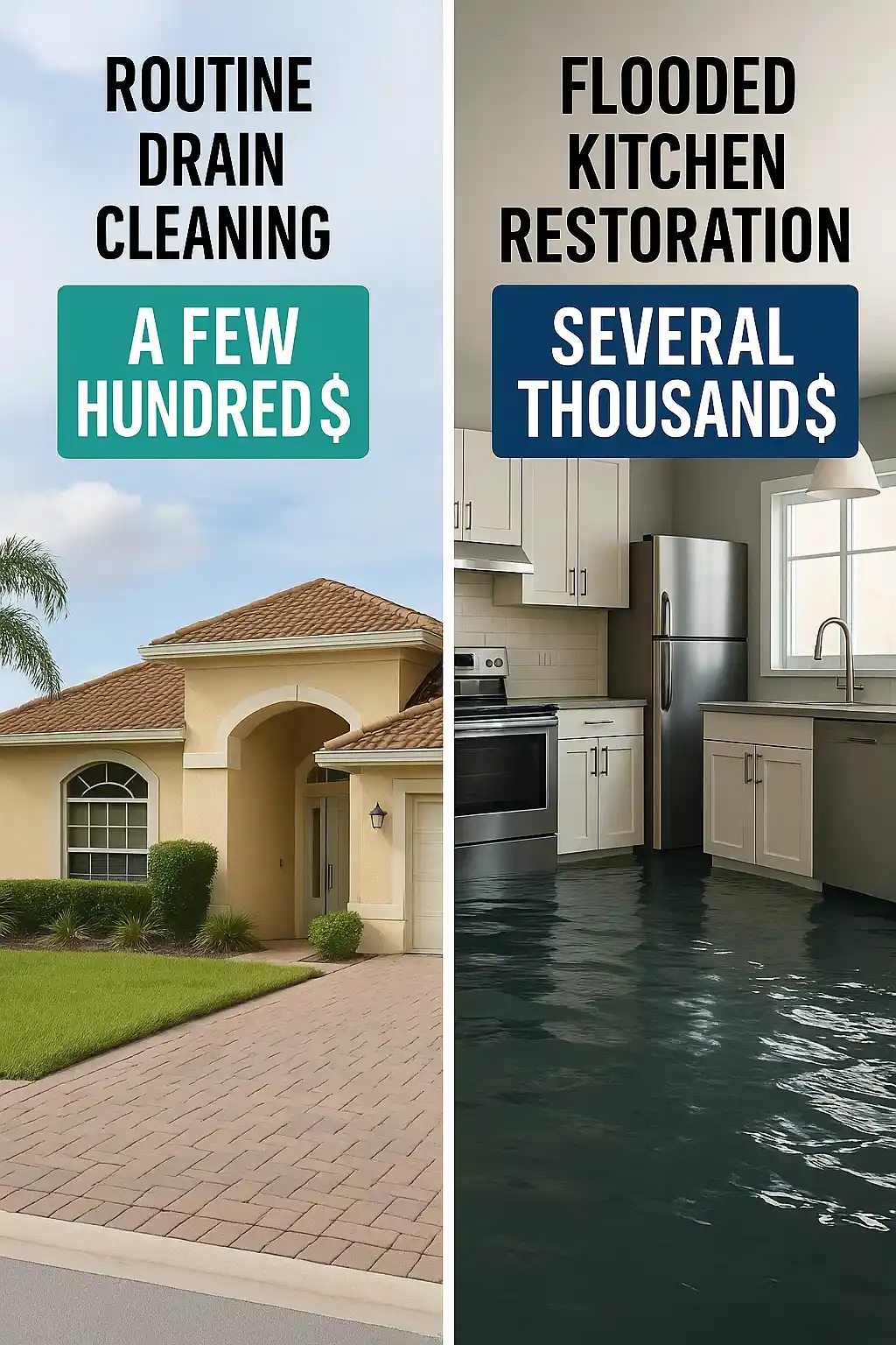 Cost comparison of routine drain cleaning vs flooded kitchen restoration in Tampa home