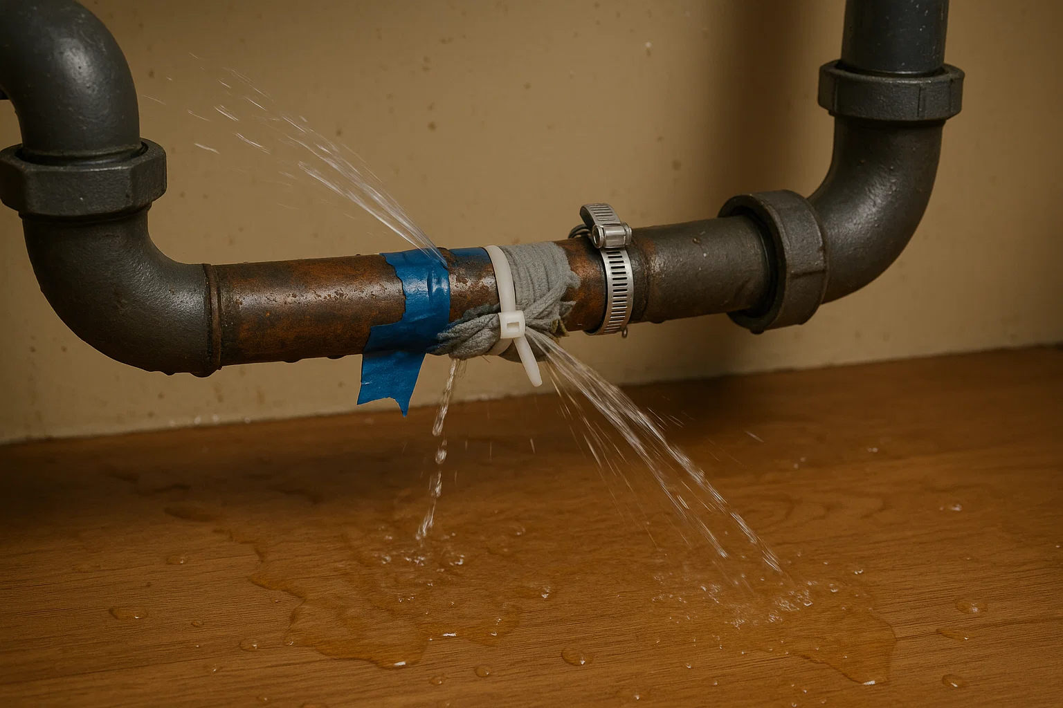 Leaking metal pipe under sink with temporary DIY tape and clamp repair - example of improper plumbing fix