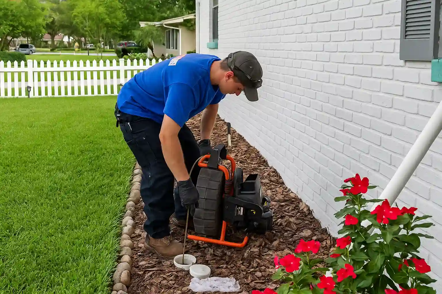 Plumber in blue EVERYDAYPLUMBER.com uniform performing a sewer camera inspection outside a white brick house in Wesley Chapel, using advanced equipment near a flower bed
