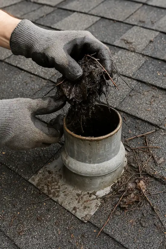 Gloved hands removing wet debris and leaves from a clogged rooftop plumbing vent stack