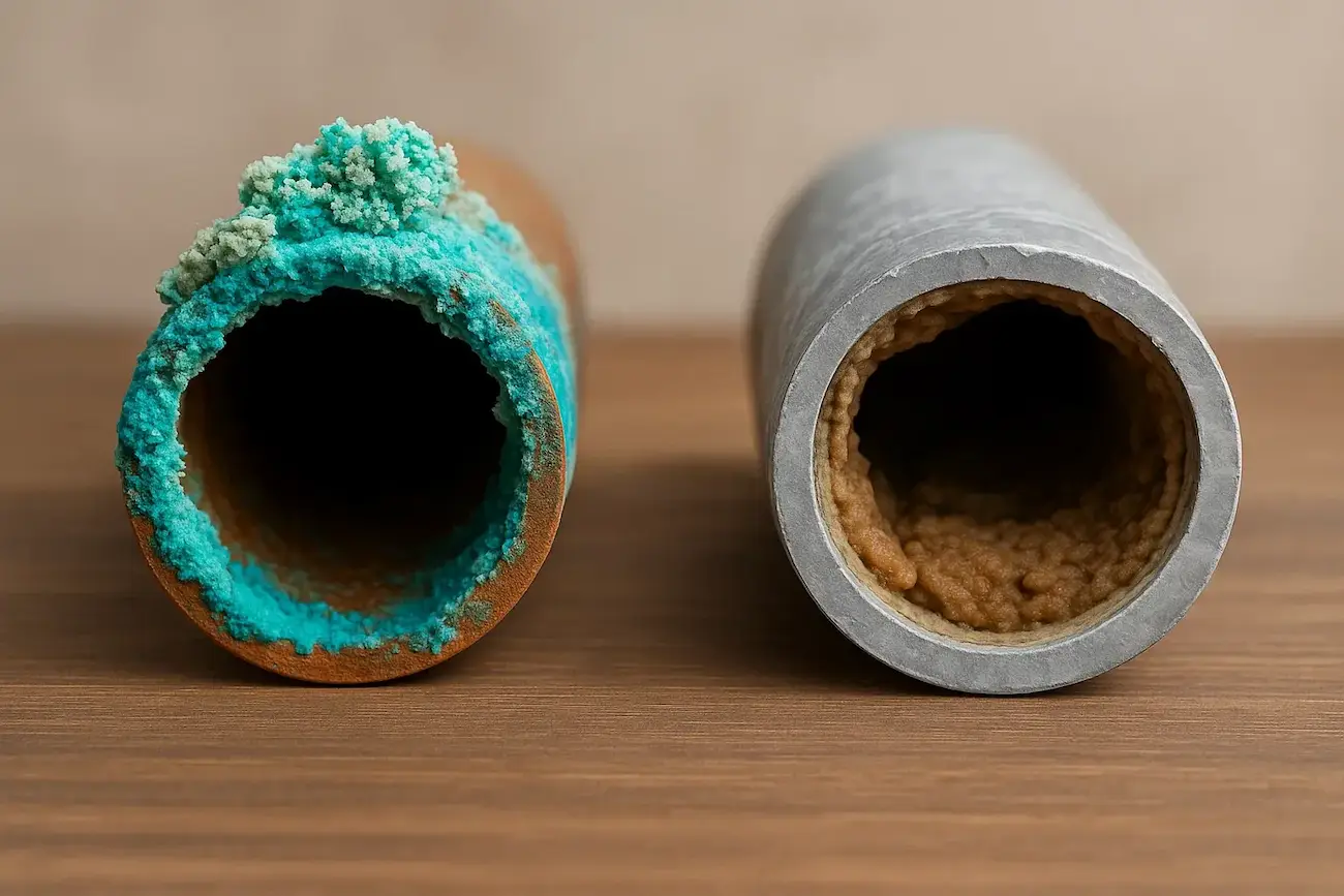 corroded-copper-and-galvanized-pipes-with-internal-mineral-buildup Severely corroded copper pipe and clogged galvanized steel pipe — common plumbing issues in Seminole Heights needing professional pipe replacement