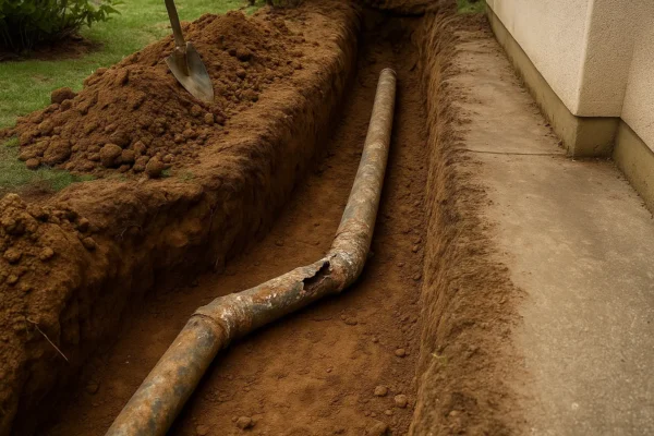 Old corroded sewer pipe exposed during trench excavation, showing breakage before replacement
