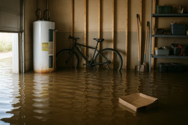 flooded-garage-in-tampa-water-heater-and-bike-submerged-after-storm example of typical water heater tank installed on ground level, flooded out by storm surge during hurricane