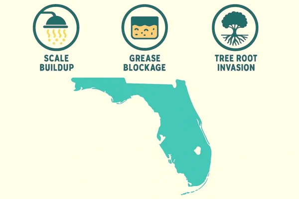 Graphic showing common causes for drain clogs in Florida: scale buildup, grease blockage, and tree root invasion.