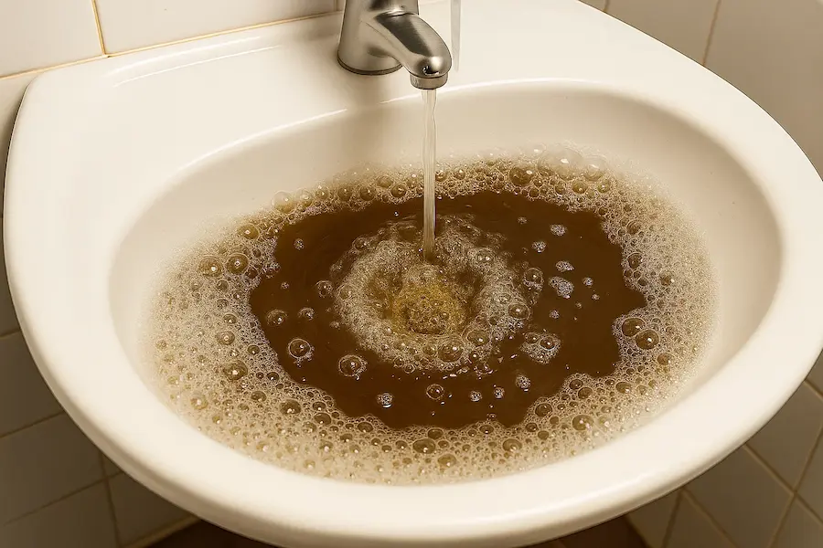 Dirty brown water backing up into a white bathroom sink due to a severe drain clog or sewer line issue