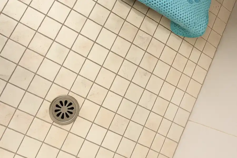 Clean shower drain and tile floor after professional drain snaking by a Hillsborough County plumber.