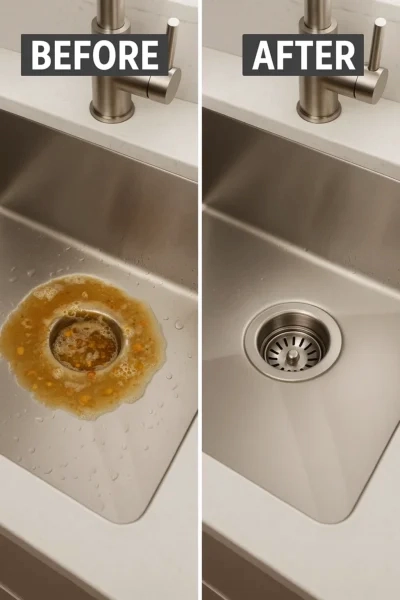 Before and after of kitchen sink drain showing impact of routine drain cleaning in Tampa