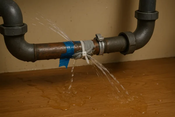 leaking-pipe-with-diy-tape-repair-failing-under-sink Leaking metal pipe under sink with temporary DIY tape and clamp repair - example of improper plumbing fix