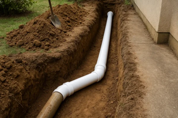 New PVC sewer line installed in trench after replacing damaged pipe during full excavation
