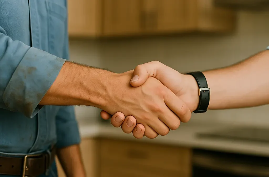 Plumber and Tampa homeowner shaking hands in a kitchen, representing trust, quality service, and customer satisfaction after plumbing repairs.