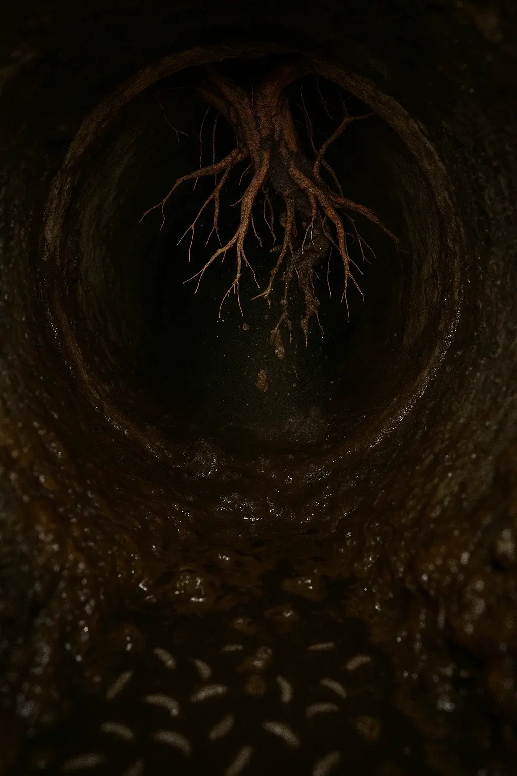 Tree roots invading inside a sewer pipe with sludge and drain fly larvae, showing severe plumbing blockage and infestation risk.
