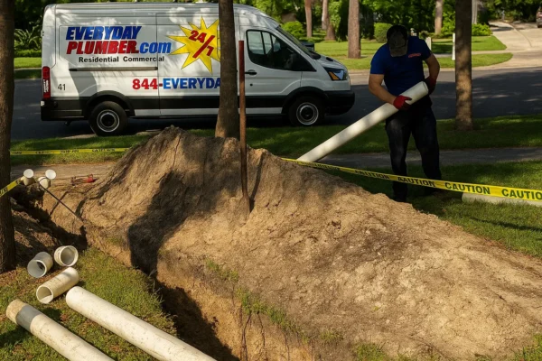 sewer-line-replacement-seminole-heights-everyday-plumber-crew EVERYDAYPLUMBER.com technician replacing a sewer line in Seminole Heights with caution tape marking excavation site