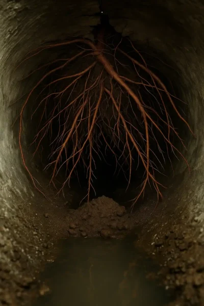 Tree roots infiltrating and cracking pipe, which blocks sewage flow, a common drain cleaning issue for Tampa homes.