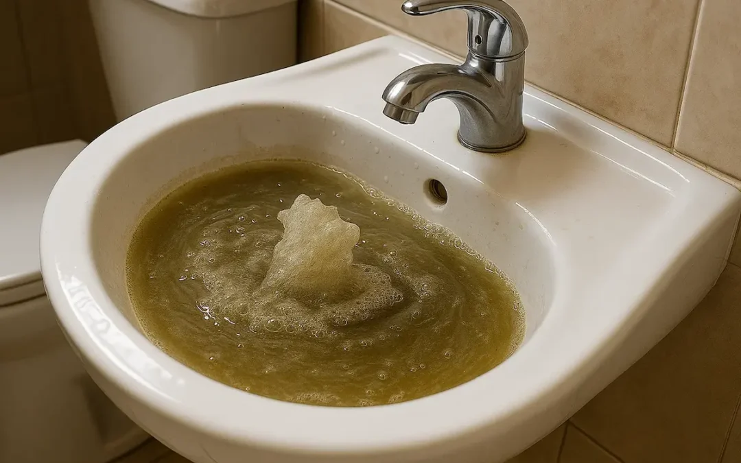 Dirty water backing up into a bathroom sink, indicating a clogged or improperly vented drain line