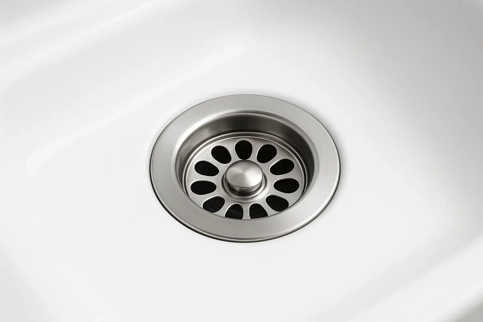 Close-up of a stainless steel sink drain, commonly used with garbage disposals in modern kitchen plumbing systems