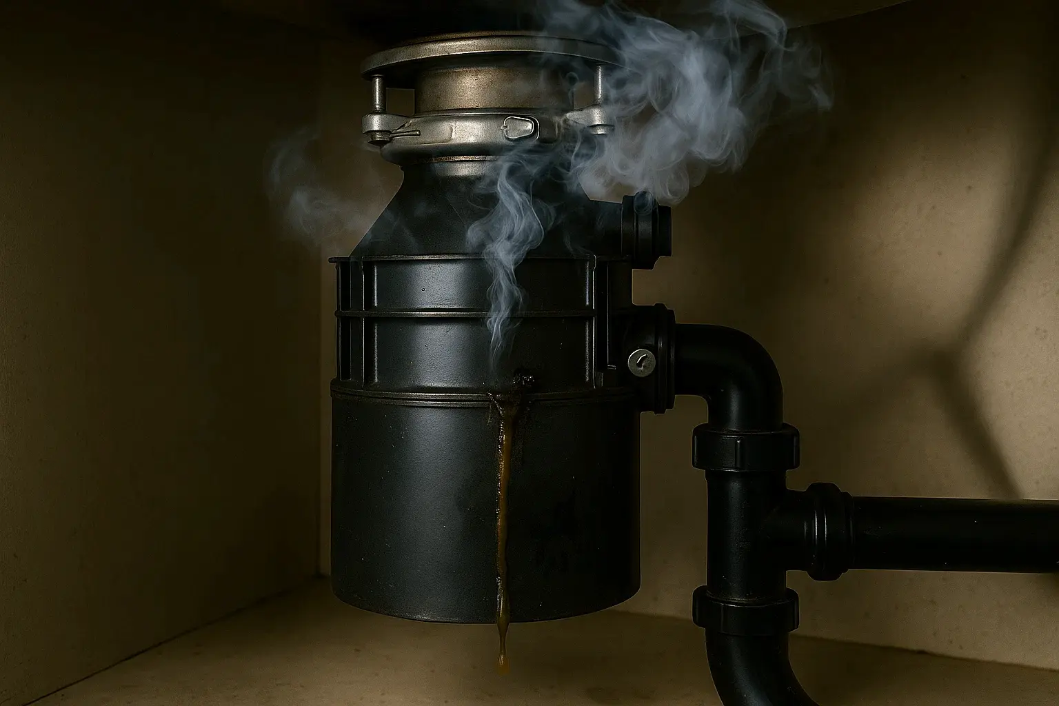 Leaking and smoking garbage disposal under a Tampa kitchen sink, showing damage and the need for professional emergency plumbing service