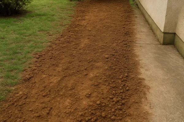 Backfilled yard after traditional sewer line replacement, showing restored trench area next to home
