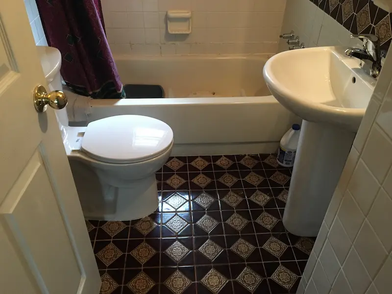 Toilet repair and new toilet installation in a small bathroom with pedestal sink and tub in Avila, Tampa, FL.