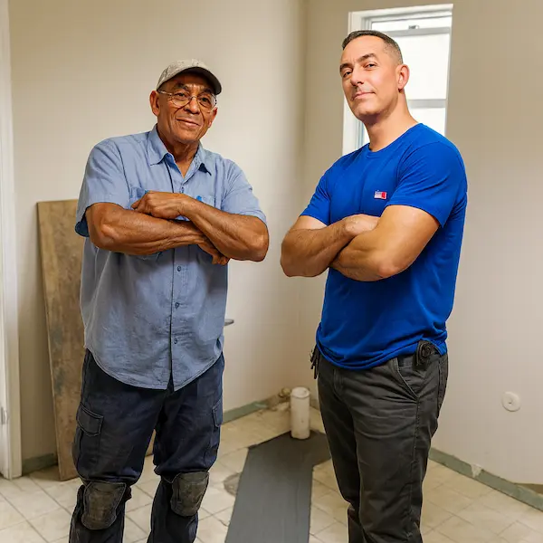Two professional plumbers standing with arms crossed in a partially renovated bathroom, representing EVERYDAYPLUMBER.com in Tampa.
