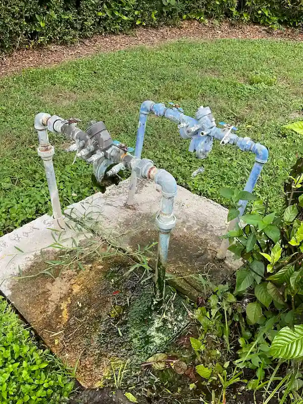 Backflow preventer with severe leak and algae growth on concrete pad before professional plumbing repair in Tampa, Florida.