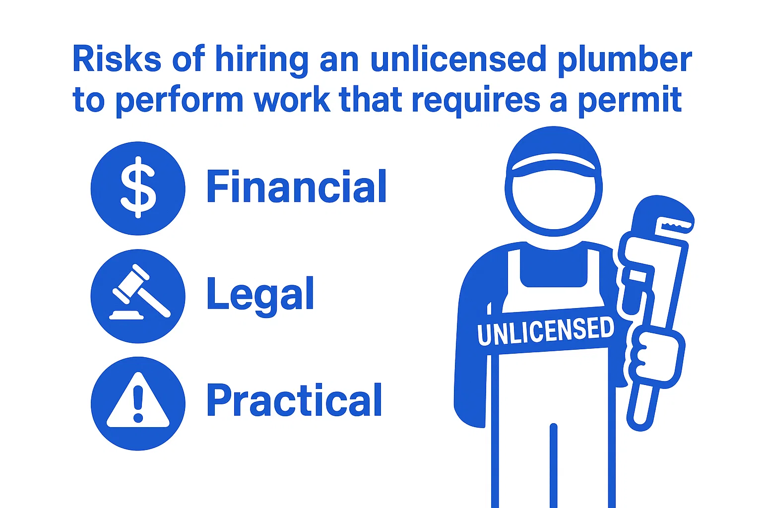 risks-of-hiring-unlicensed-plumber-infographic Infographic showing financial, legal, and practical risks of hiring an unlicensed plumber for work that requires a permit