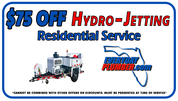 $75 OFF hydro-jetting residential service coupon — jetting trailer photo with EVERYDAYPLUMBER.com Florida logo