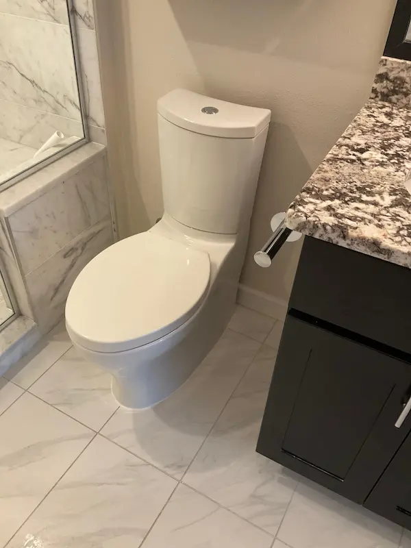 One-piece toilet beside marble vanity after professional toilet repair and installation, bathroom plumbing in Ybor City