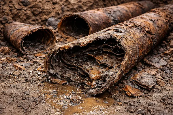 Collapsed Orangeburg sewer pipe with delaminated, flattened fiber-tar layers in a wet trench