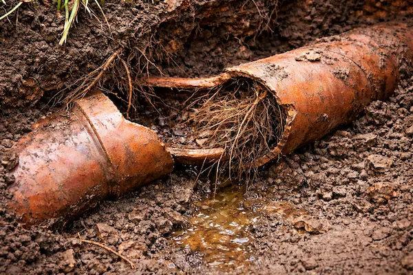 Broken clay/terracotta sewer line with heavy tree root intrusion and wastewater leaking into surrounding soil