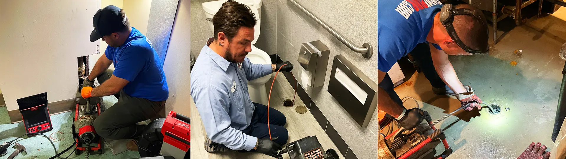 Commercial drain cleaning in progress: tech snaking floor drain in a restaurant/service area; tech running cable in a public restroom stall — Tampa Bay.