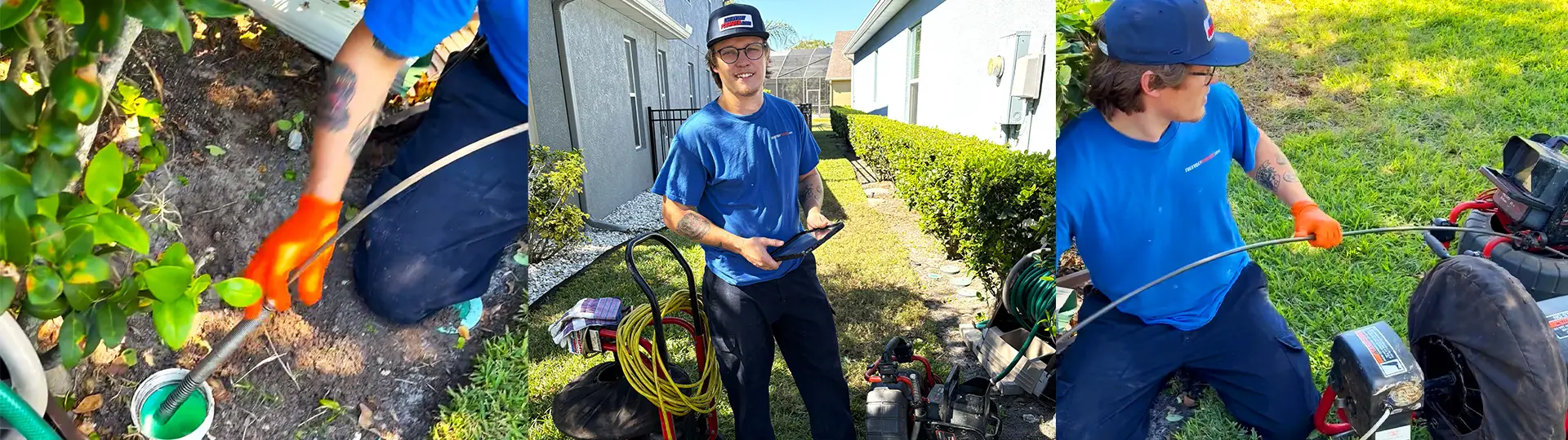 Triptych: technician feeding sewer camera and snake into cleanout, standing portrait with equipment, and close-up of cable at cleanout — Tampa Bay drain cleaning hero image.