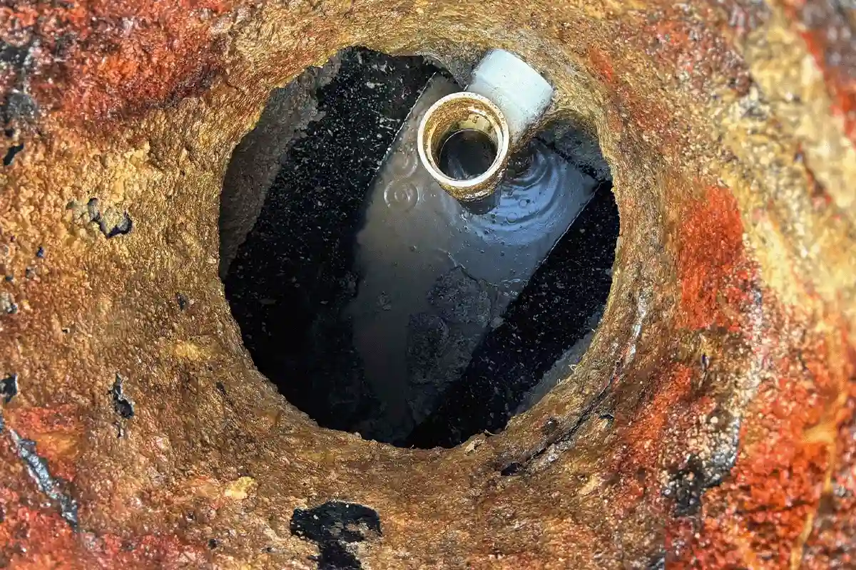 Severely corroded cast iron pipe with hydro jetting nozzle inserted — drain cleaning service by EVERYDAYPLUMBER.com in Tampa Bay