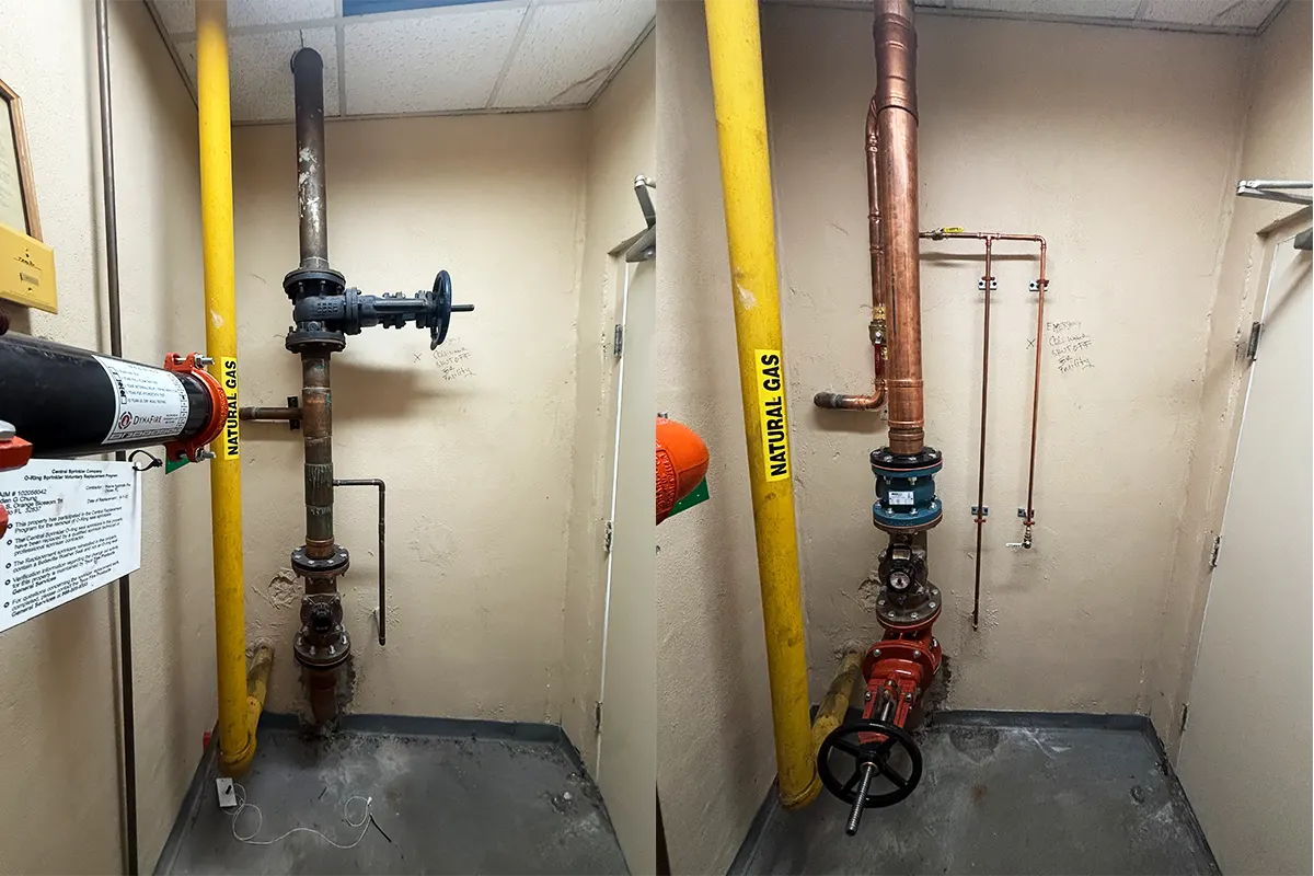 Before and after comparison of a commercial natural gas line replacement with new copper supply piping installed by EverydayPlumber.com in Tampa Bay