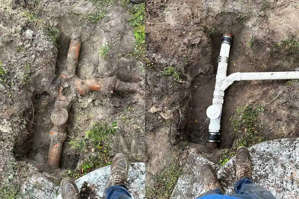 Before and after comparison of a sewer spot repair by EverydayPlumber.com in Tampa Bay showing failed clay pipe sections replaced with new PVC pipe and cleanout fitting