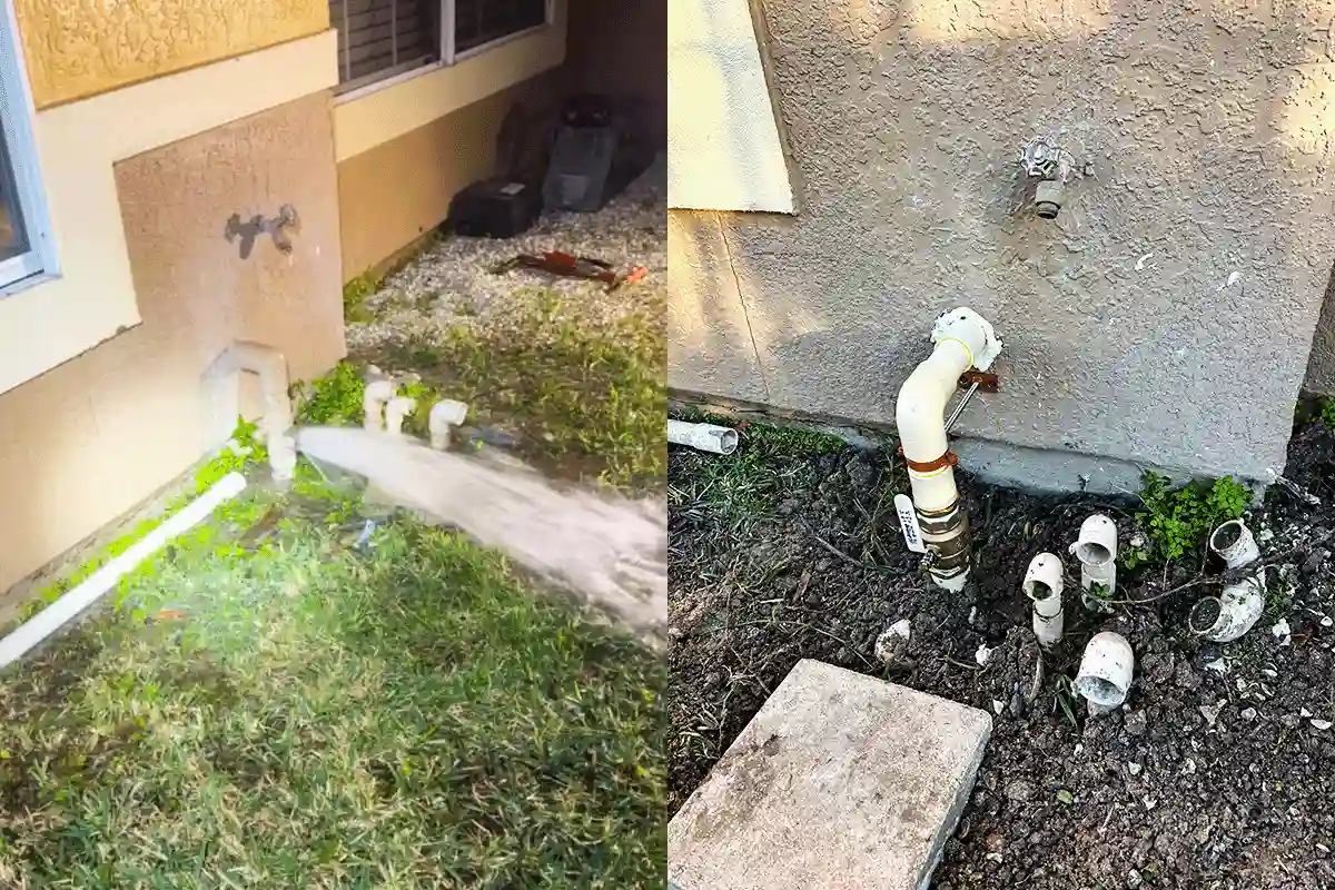 Burst exterior supply pipe emergency repair at Tampa Bay property — EVERYDAYPLUMBER.com pipe replacement service