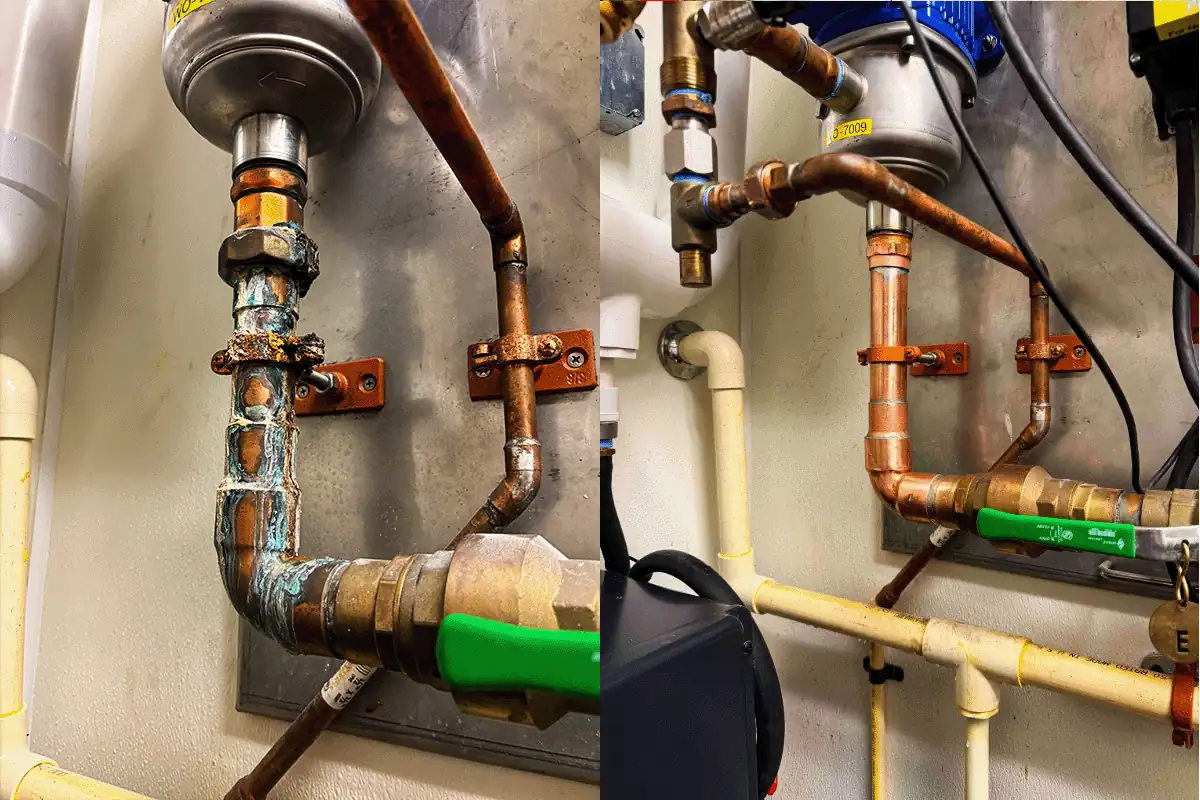 Commercial copper supply line before and after repair — heavily corroded pipe replaced with clean copper installation — EVERYDAYPLUMBER.com Tampa Bay