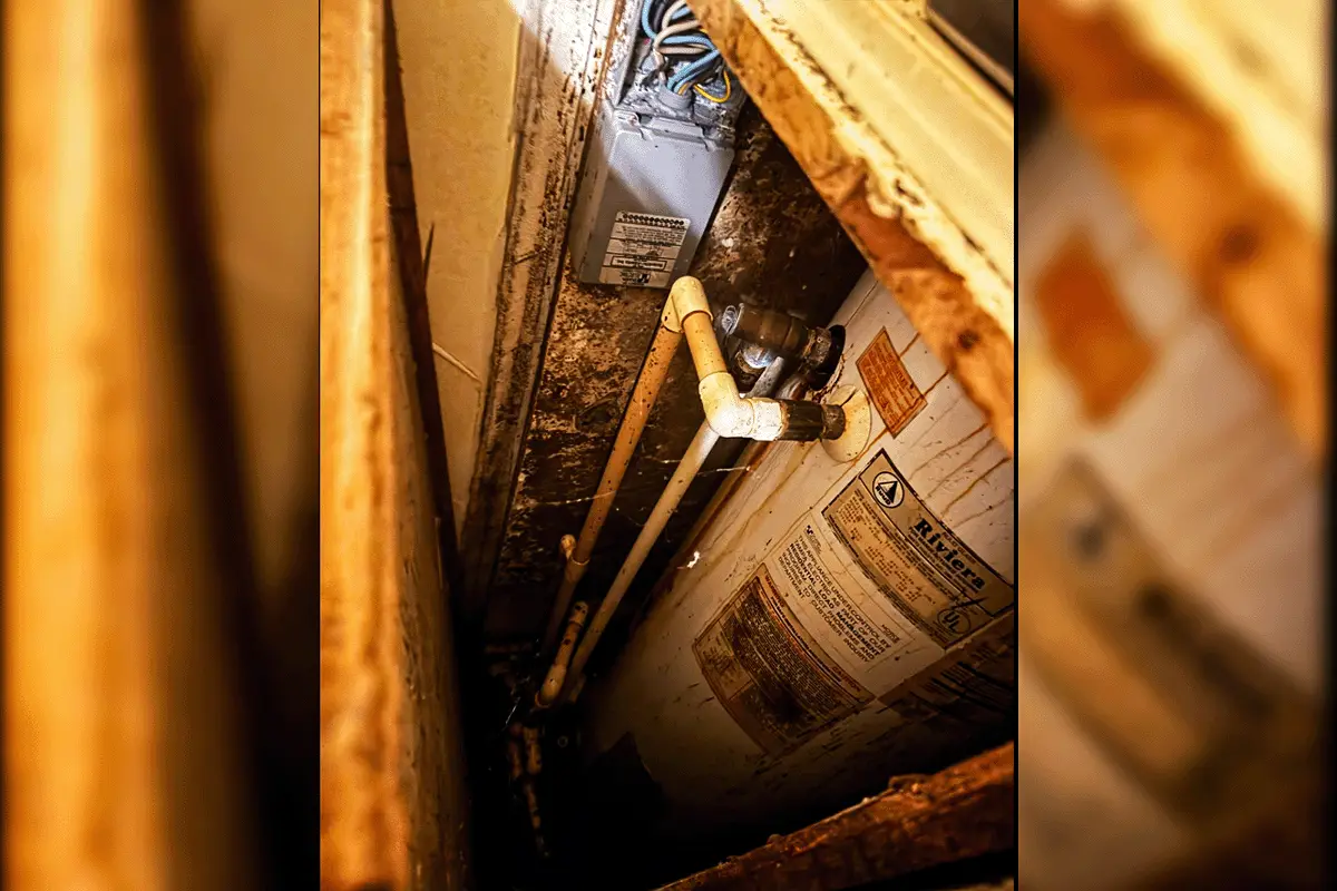 Severely deteriorated water heater with rusted pipes and corrosion in cramped utility space — water heater replacement Tampa