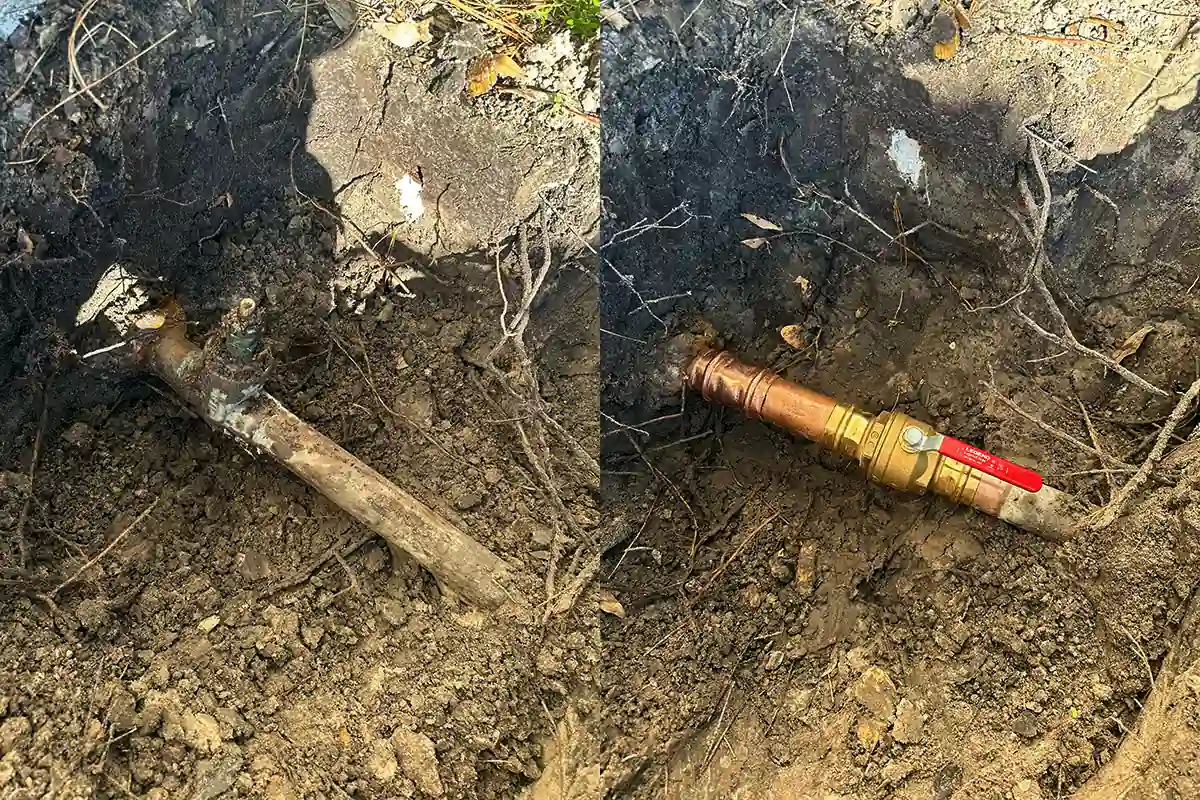 Severely deteriorated galvanized water line alongside new brass ball valve replacement — pipe material failure — EVERYDAYPLUMBER.com Tampa Bay